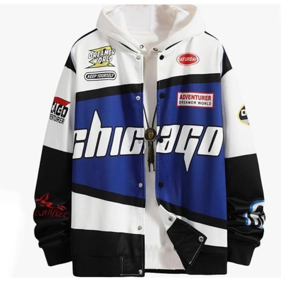 Blue White Streetwear Mens Race Style Bomber Jacket